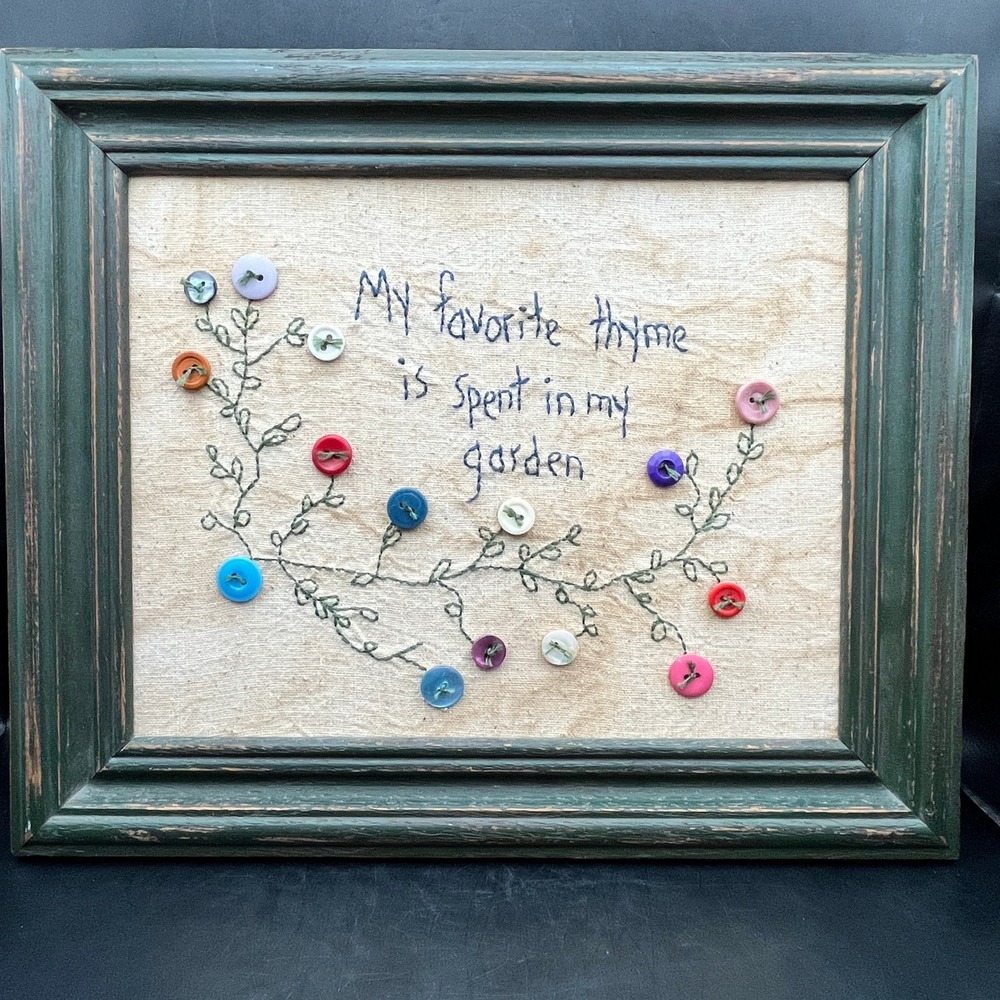 Nancy Evers Handmade Embroidered Garden Button Art 2001 Green Frame 12"x10.75"‎